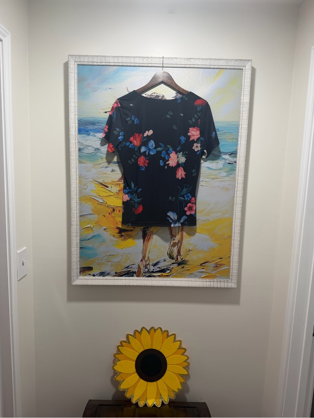 Black Floral Short-Sleeve Blouse with Pink and Blue Blooms
